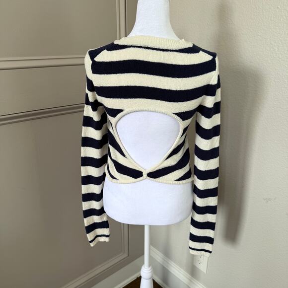 AERIE Open Back Sweater Sz. Small Navy White Stripe Textured Nautical Coastal - Picture 1 of 8